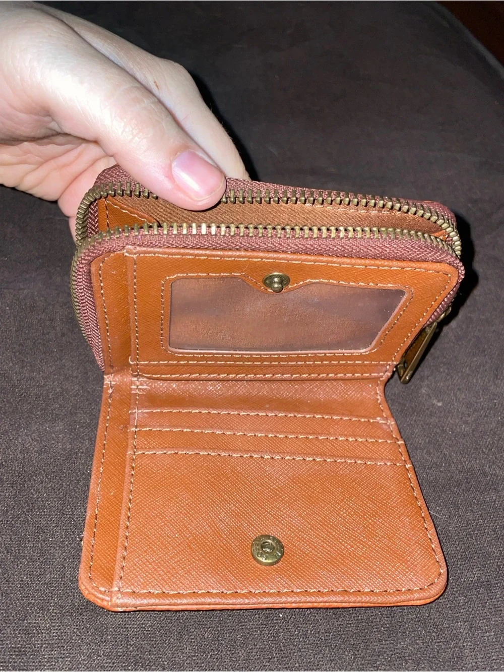 Fossil Pebbled Leather Wallet in Cognac Brown with Gold Accent